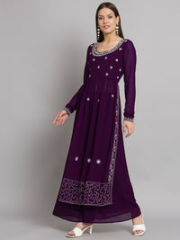 Thumbnail for NOZ2TOZ Women Purple georgette Aari work A-Line Kurta with Sharara - Distacart