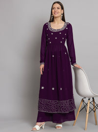Thumbnail for NOZ2TOZ Women Purple georgette Aari work A-Line Kurta with Sharara - Distacart