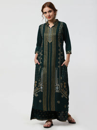 Thumbnail for Cheera Embellished Daily Wear Cotton Blend Kurta With Palazoo - Bottle Green - Distacart