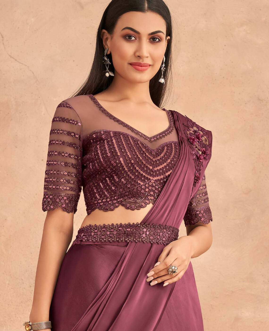Wine Satin Embroidered Ready To Wear Saree With Unstitched Blouse Piece - Nandika - Distacart