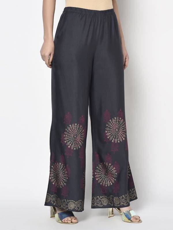 Aniyah Rayon Dark Grey Color Block Print Flared Slip-On Palazzo (AN-201K)