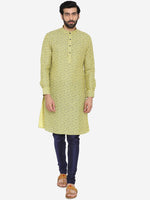 Thumbnail for Manyavar Men Yellow & Navy Blue Printed Straight Kurta - Distacart