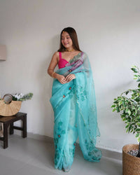 Thumbnail for Vamsee Lime Green Organza Saree - Distacart