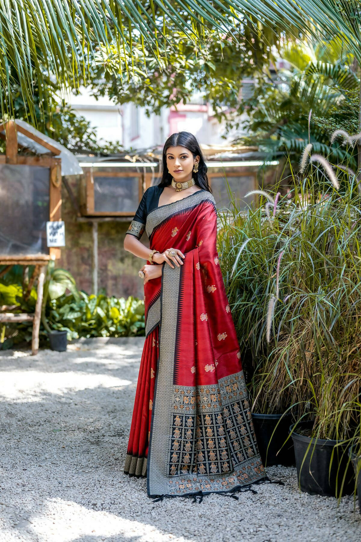 Vishnu Weaves Women's Red Tussar Silk Zari Woven Saree with Blouse - Distacart