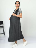 Thumbnail for Manet Half Sleeves Maternity Dress White Striped With Concealed Zipper Nursing Access - Black - Distacart