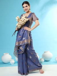 Thumbnail for Vishnu Weaves Women's Blue Handloom Silk Zari Woven Saree with Blouse - Distacart