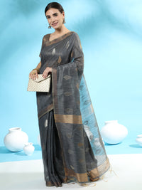 Thumbnail for Vishnu Weaves Women's Dark Grey Handloom Silk Zari Woven Saree with Blouse - Distacart