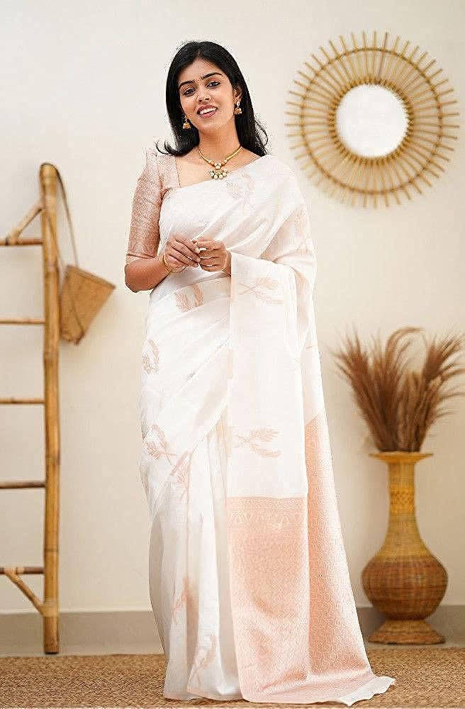 Vamika Weaving Banarasi Jacquard white Kanjivaram Saree - Distacart