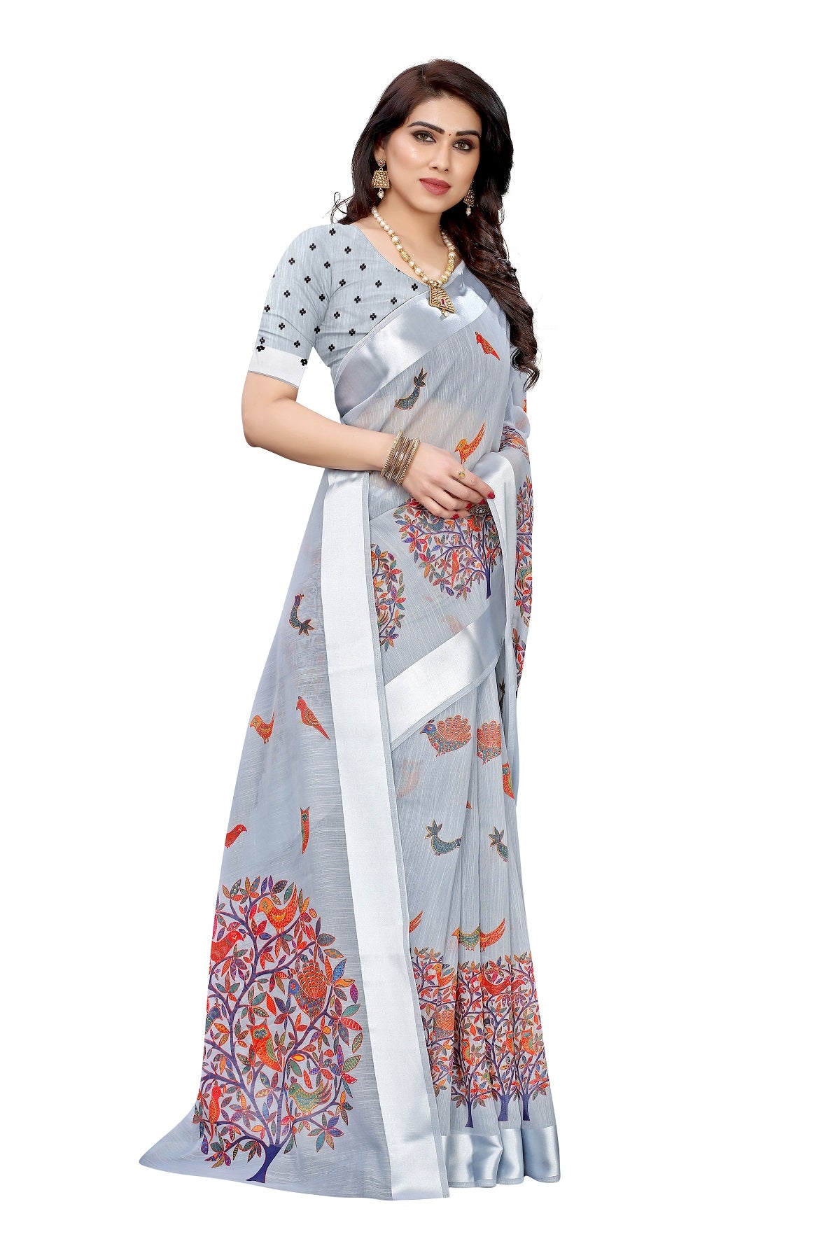 Vamika Linen Satin Border Grey Bollywood Style Saree - Distacart