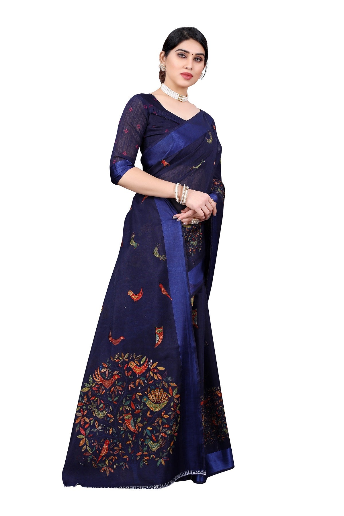 Vamika Linen Satin Border Navy Bollywood Style Saree - Distacart