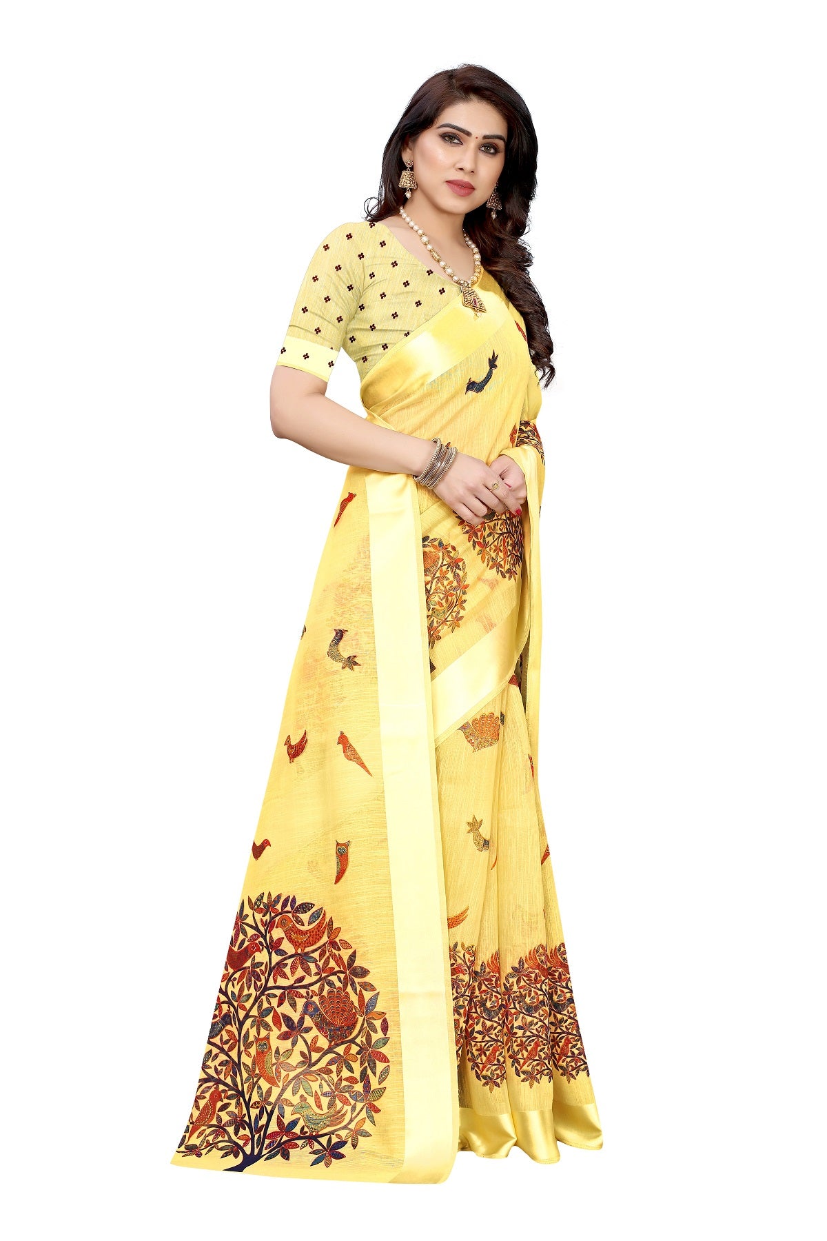 Vamika Linen Satin Border Yellow Bollywood Style Saree - Distacart
