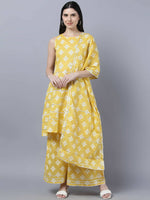 Thumbnail for Myshka Women Yellow Floral Pure Cotton Kurti with Palazzos With Dupatta - Distacart