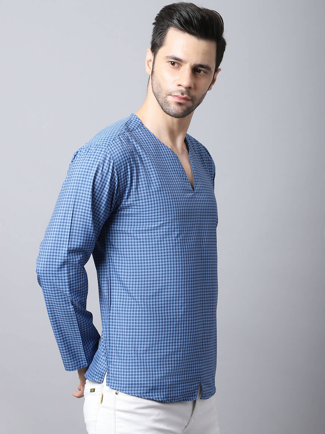 Even Apparels Blue Checked Men's Kurta With Band Collar - Distacart