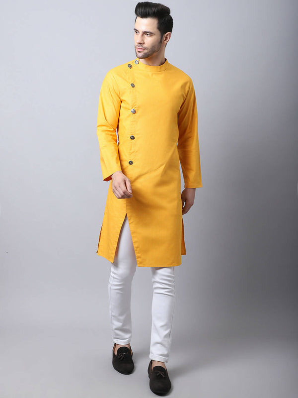 Even Apparels Yellow Pure Cotton Sherwani Kurta With Asymetrical Cut - Distacart
