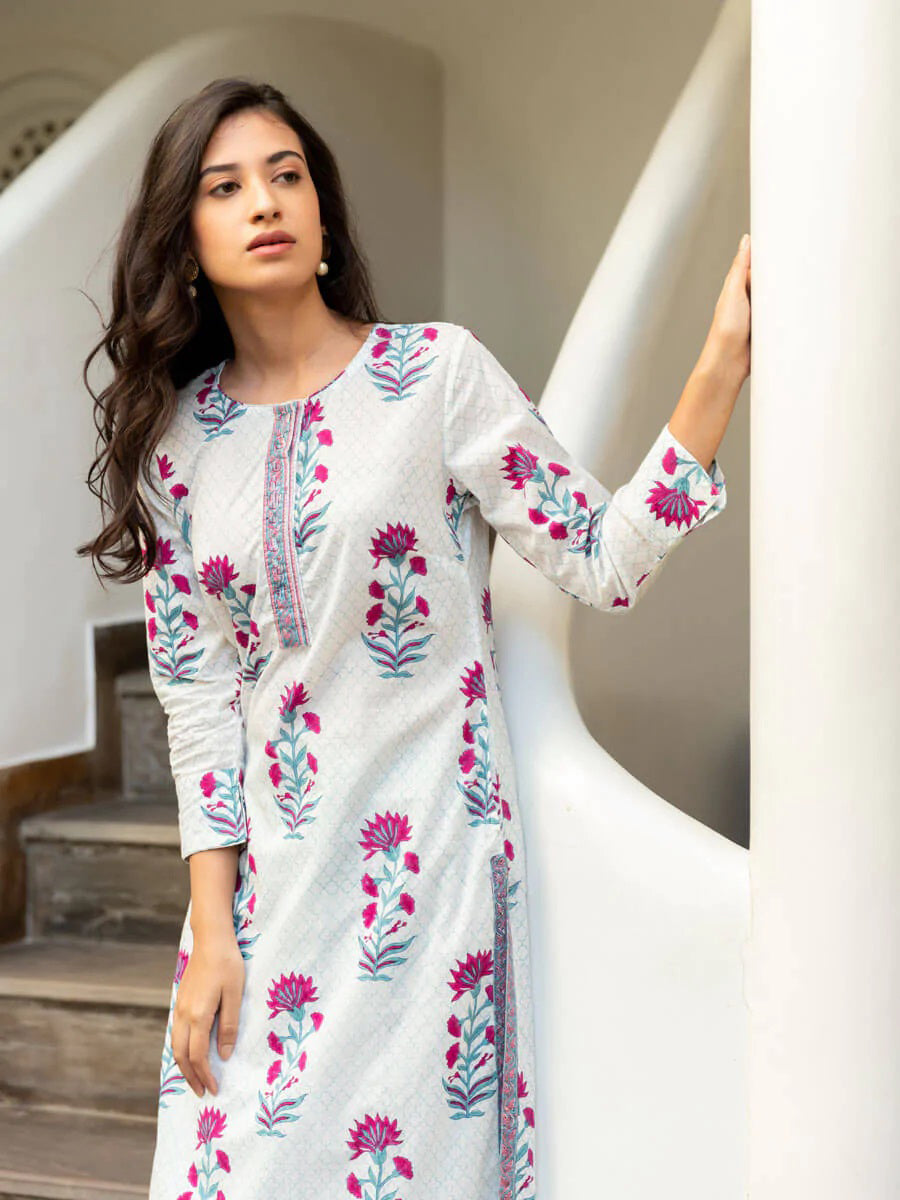 Malishka Women's White Cotton Floral Printed Kurta Palazzo Set With Dupatta - White & Purple - Distacart