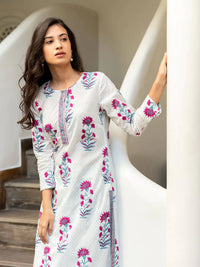 Thumbnail for Malishka Women's White Cotton Floral Printed Kurta Palazzo Set With Dupatta - White & Purple - Distacart