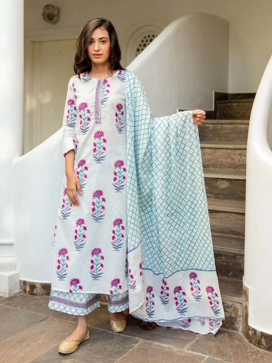 Malishka Women's White Cotton Floral Printed Kurta Palazzo Set With Dupatta - White & Purple - Distacart