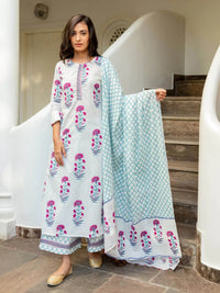 Thumbnail for Malishka Women's White Cotton Floral Printed Kurta Palazzo Set With Dupatta - White & Purple - Distacart