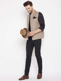 Thumbnail for Even Apparels Beige Wool Men Woven Nehru Jacket - Distacart