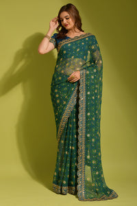 Thumbnail for Malishka Women's Rama Georgette Chiffon Floral Print Saree With Blouse Piece - Distacart