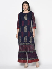 Thumbnail for Aniyah Rayon Navy Blue Color Block Print Straight Kurta Palazzo Set (AN-179K)