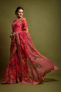 Thumbnail for Malishka Women's Green Georgette Chiffon Floral Print & Embroidery Saree With Blouse Piece - Distacart