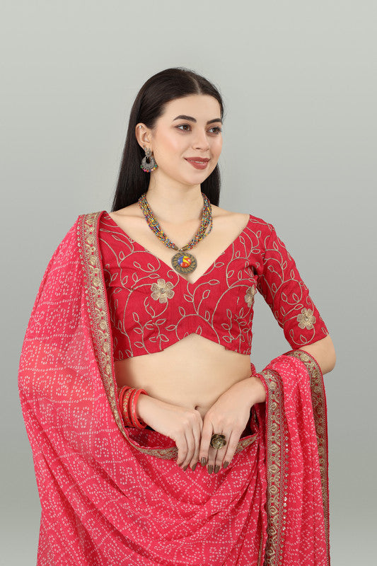 Malishka Women's Bandhani Printed & Embroidery Work In Lace Georgette Saree With Unstitched Blouse - Pink - Distacart