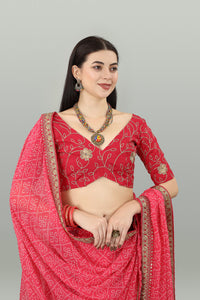 Thumbnail for Malishka Women's Bandhani Printed & Embroidery Work In Lace Georgette Saree With Unstitched Blouse - Pink - Distacart