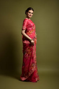 Thumbnail for Malishka Women's Green Georgette Chiffon Floral Print & Embroidery Saree With Blouse Piece - Distacart