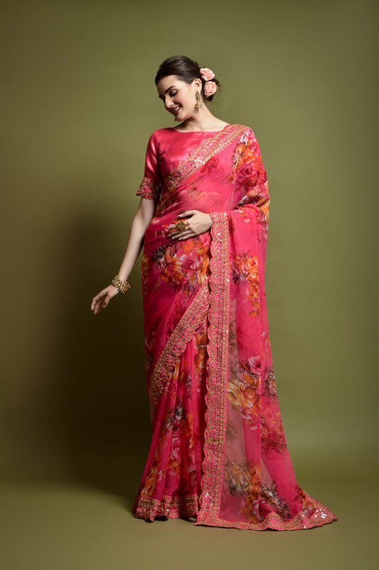 Malishka Women's Green Georgette Chiffon Floral Print & Embroidery Saree With Blouse Piece - Distacart