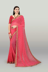 Thumbnail for Malishka Women's Bandhani Printed & Embroidery Work In Lace Georgette Saree With Unstitched Blouse - Pink - Distacart
