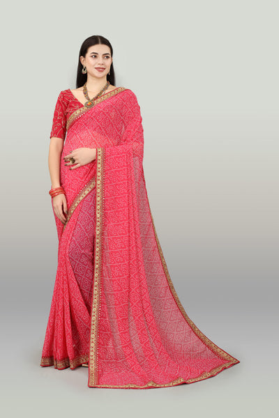 Malishka Women's Bandhani Printed & Embroidery Work In Lace Georgette Saree With Unstitched Blouse - Pink - Distacart