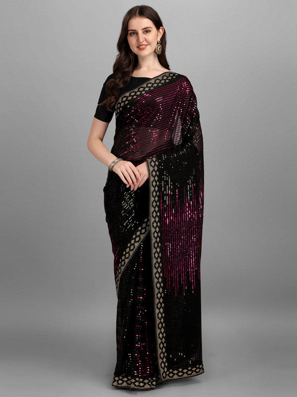 Malishka Women's Designer Georgette Double Color Sequence Embroidery Work Saree With Fancy Lace Border - Pink - Distacart