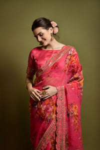 Thumbnail for Malishka Women's Green Georgette Chiffon Floral Print & Embroidery Saree With Blouse Piece - Distacart