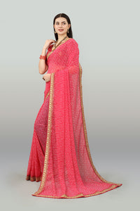 Thumbnail for Malishka Women's Bandhani Printed & Embroidery Work In Lace Georgette Saree With Unstitched Blouse - Pink - Distacart