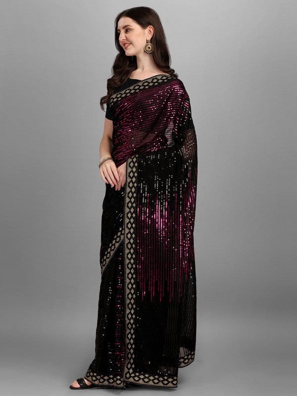 Malishka Women's Designer Georgette Double Color Sequence Embroidery Work Saree With Fancy Lace Border - Pink - Distacart