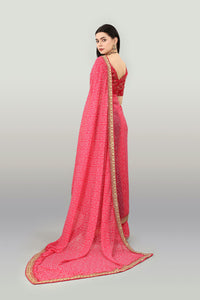 Thumbnail for Malishka Women's Bandhani Printed & Embroidery Work In Lace Georgette Saree With Unstitched Blouse - Pink - Distacart