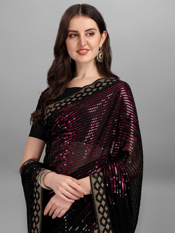 Malishka Women's Designer Georgette Double Color Sequence Embroidery Work Saree With Fancy Lace Border - Pink - Distacart