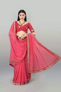 Thumbnail for Malishka Women's Bandhani Printed & Embroidery Work In Lace Georgette Saree With Unstitched Blouse - Pink - Distacart