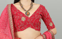 Thumbnail for Malishka Women's Bandhani Printed & Embroidery Work In Lace Georgette Saree With Unstitched Blouse - Pink - Distacart