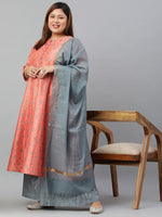 Thumbnail for Janasya XL LOVE by Janasya Women's Plus Size Peach Poly Silk Kurta With Palazzo and Dupatta - Distacart