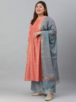 Thumbnail for Janasya XL LOVE by Janasya Women's Plus Size Peach Poly Silk Kurta With Palazzo and Dupatta - Distacart