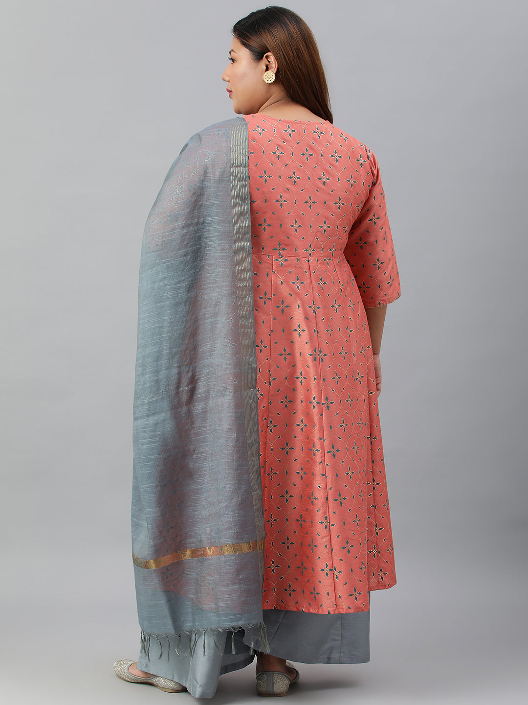 Janasya XL LOVE by Janasya Women's Plus Size Peach Poly Silk Kurta With Palazzo and Dupatta - Distacart