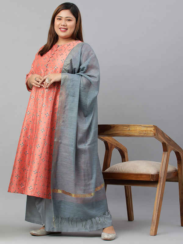 Janasya XL LOVE by Janasya Women's Plus Size Peach Poly Silk Kurta With Palazzo and Dupatta - Distacart
