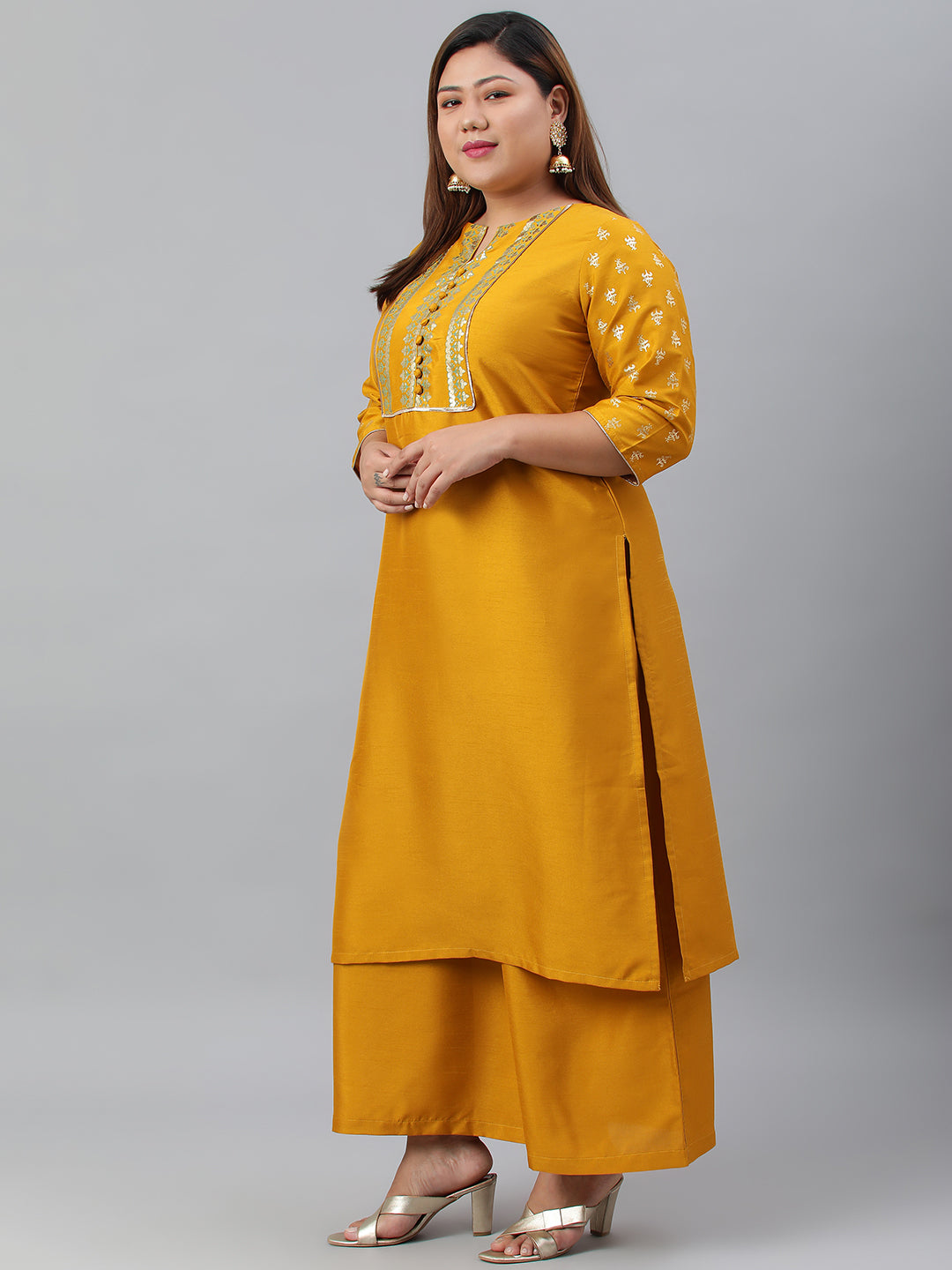 Janasya Women's Mustard Poly Silk Straight Party Kurta Set - Distacart