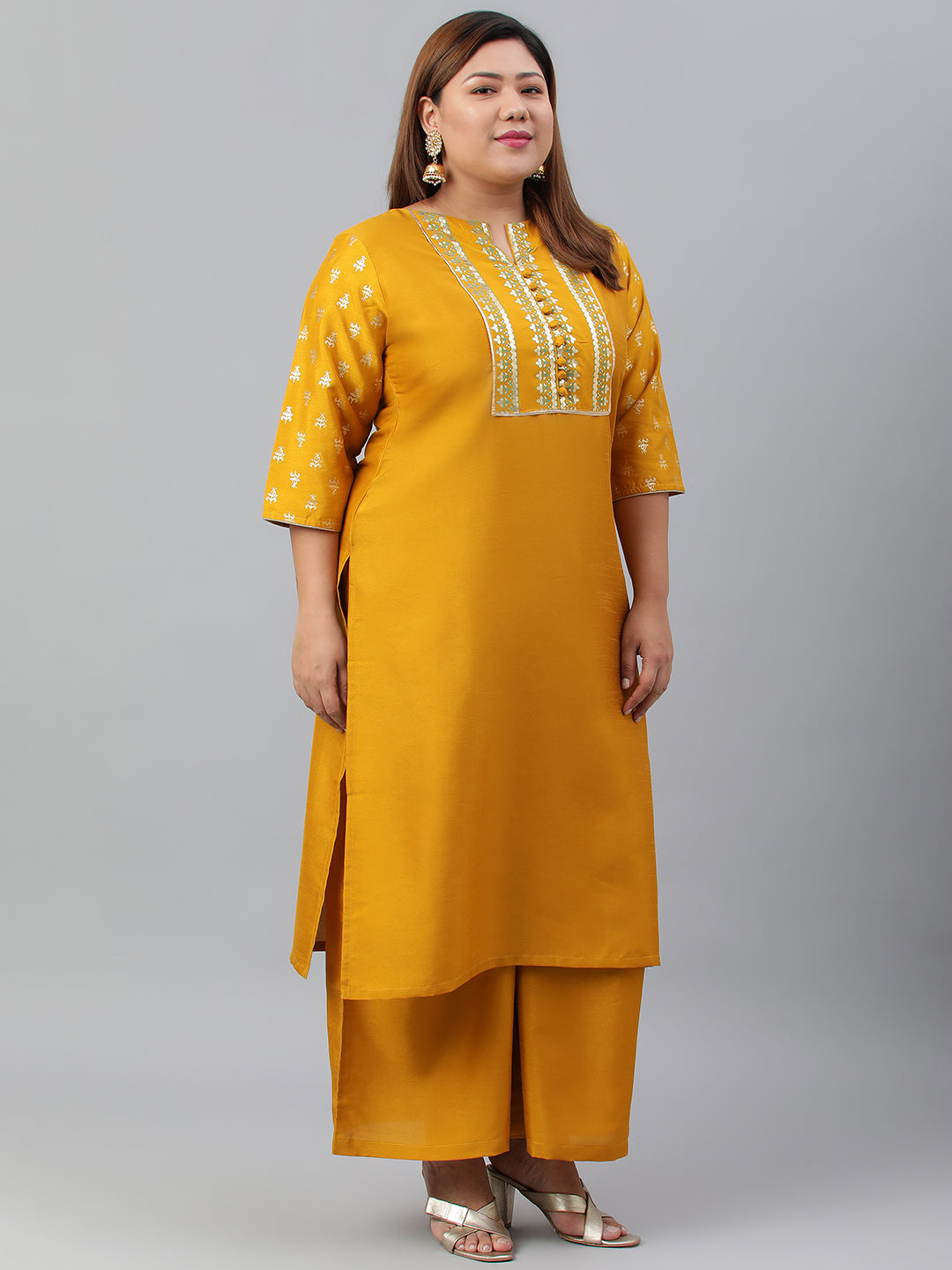 Janasya Women's Mustard Poly Silk Straight Party Kurta Set - Distacart