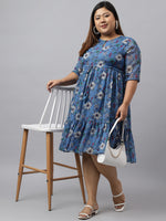 Thumbnail for Janasya Women's Blue Poly Georgette Floral Printed Casual Flared Western Dress - Distacart