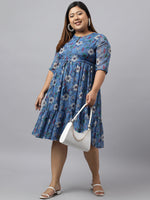 Thumbnail for Janasya Women's Blue Poly Georgette Floral Printed Casual Flared Western Dress - Distacart