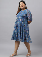 Thumbnail for Janasya Women's Blue Poly Georgette Floral Printed Casual Flared Western Dress - Distacart