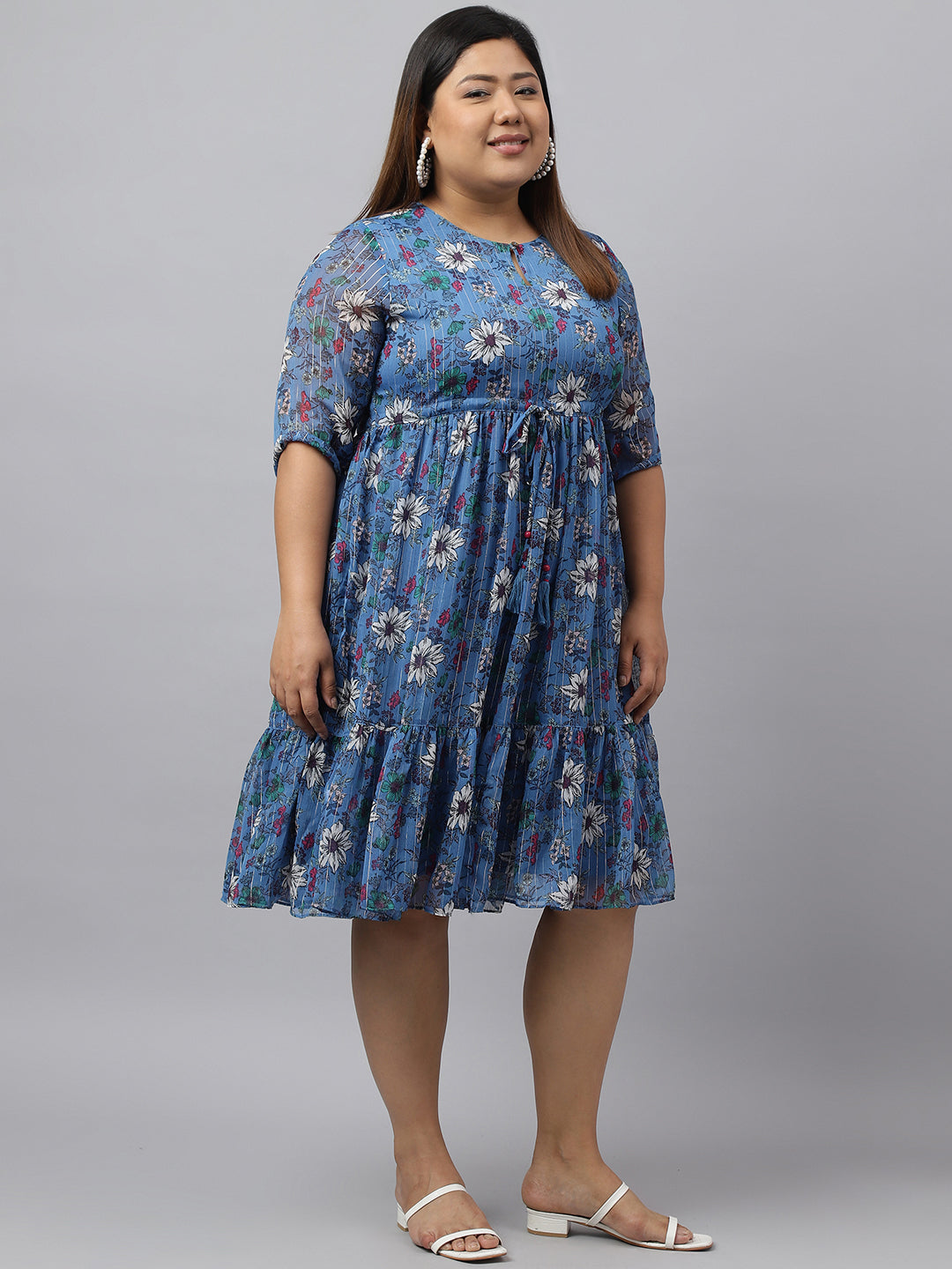 Janasya Women's Blue Poly Georgette Floral Printed Casual Flared Western Dress - Distacart